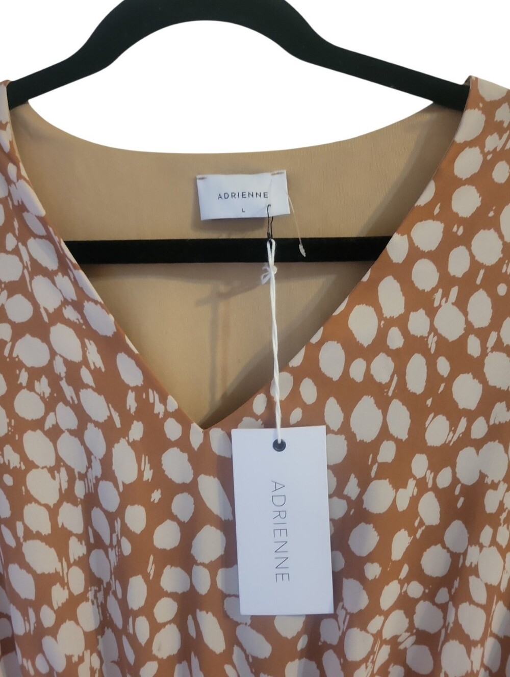 Adrienne Beige & Cream 3/4 Sleeve V-Neck Polka Dot Smock Elastic Waist Dress L - Picture 4 of 6